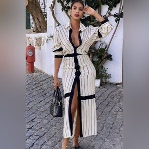 NWT - ZARA Ecru Striped Shirt Dress Size Small- Cream and black
